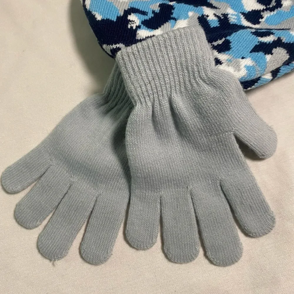 New dinosaur camp high desert blue beanie hat and gray gloves boys set onesize